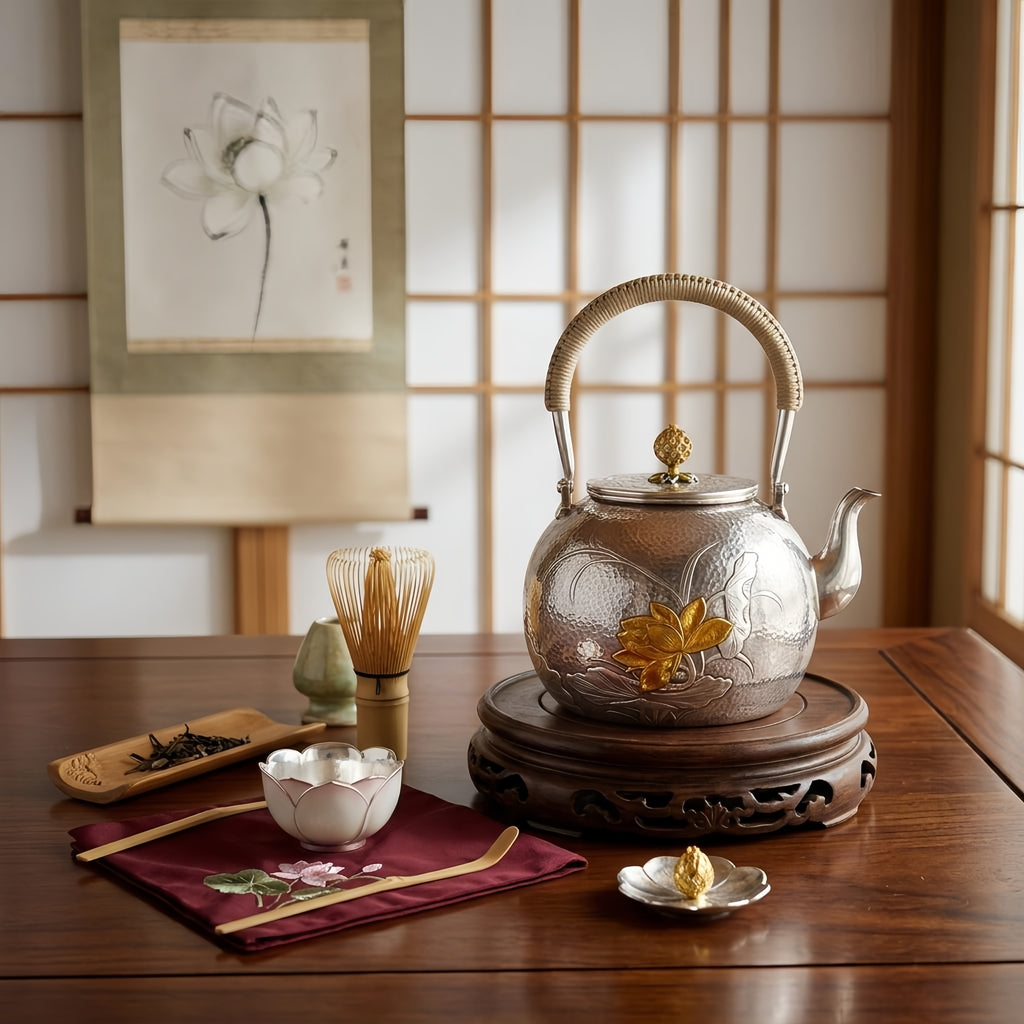 Pure 999 Fine Silver Handcrafted Hammered Silver Teapot with Ornate Lotus Blossom and Woven Rattan Handle - Handicraft