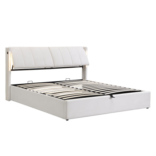 LED Upholstered Bed ,King Size Bed-5ft150x200cm, Hydraulic Bed, Rechargeable USB Port In Bed, With LED Lighting, With Storage Space, Adjustable Headboard, PU , White