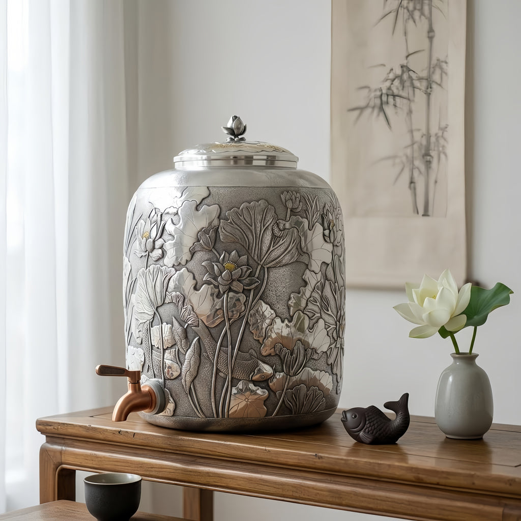 925 Sterling Silver Elegant Metallic Floral Jar with Copper Spout-Premium Water Tank - Handicraft