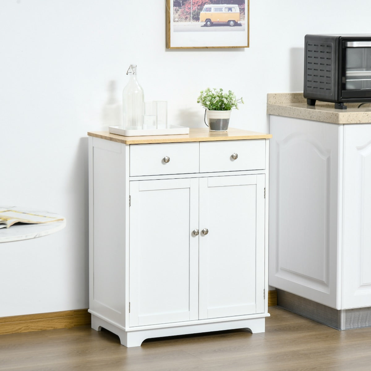 Kitchen Storage Cabinet, Sideboard Floor Cupboard With Solid Wood Top, Adjustable Shelf & 2 Drawers For Living Room, Hallway, White
