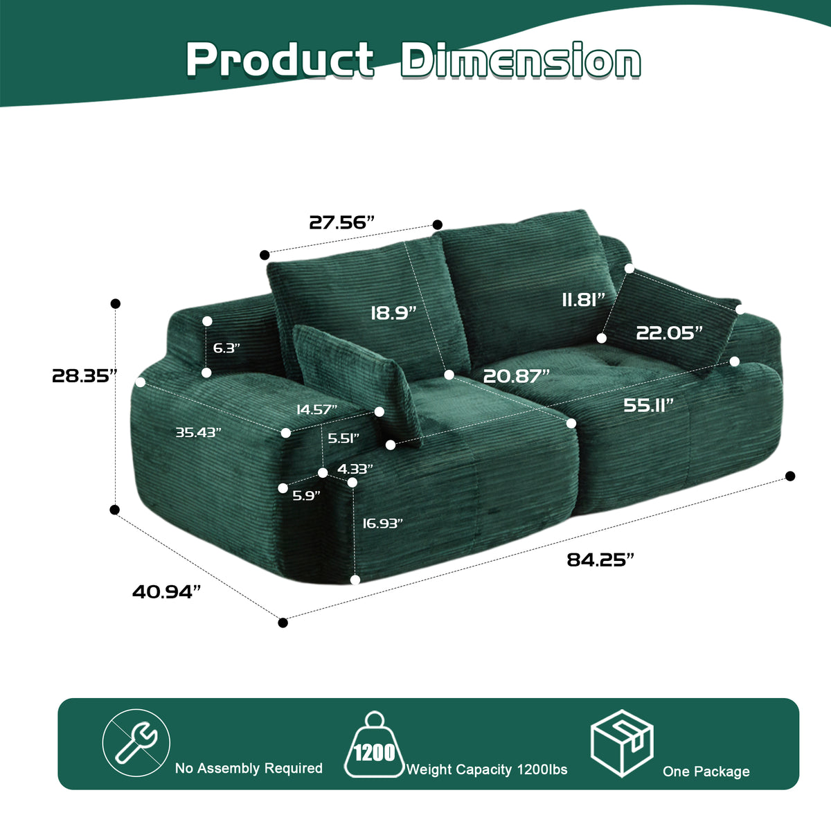 Modern Memory Foam Compressed Sofa,2 Seater Large Sectional Couches For Living Room,Pet-Friendly Cloud Modular Sectional Sofa,Corduroy Fabric,Extra Deep Loveseat,No Assembly Required, Green