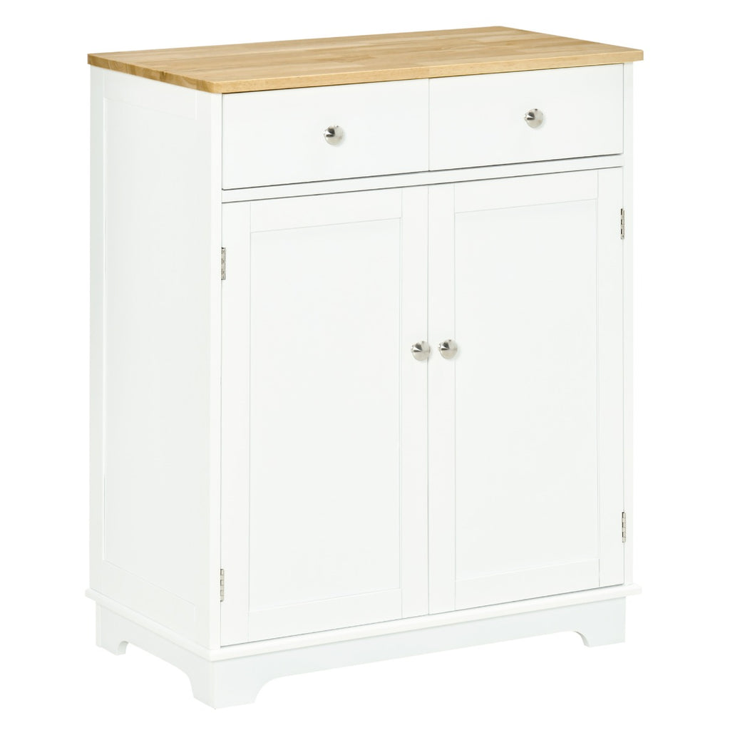 Kitchen Storage Cabinet, Sideboard Floor Cupboard With Solid Wood Top, Adjustable Shelf & 2 Drawers For Living Room, Hallway, White