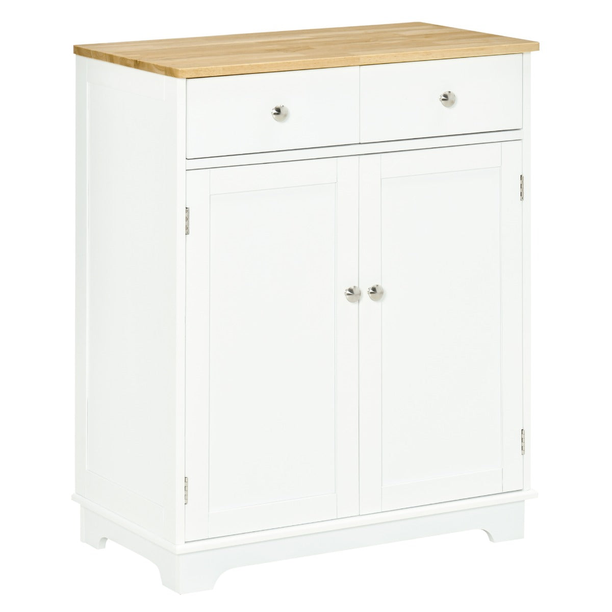 Kitchen Storage Cabinet, Sideboard Floor Cupboard With Solid Wood Top, Adjustable Shelf & 2 Drawers For Living Room, Hallway, White
