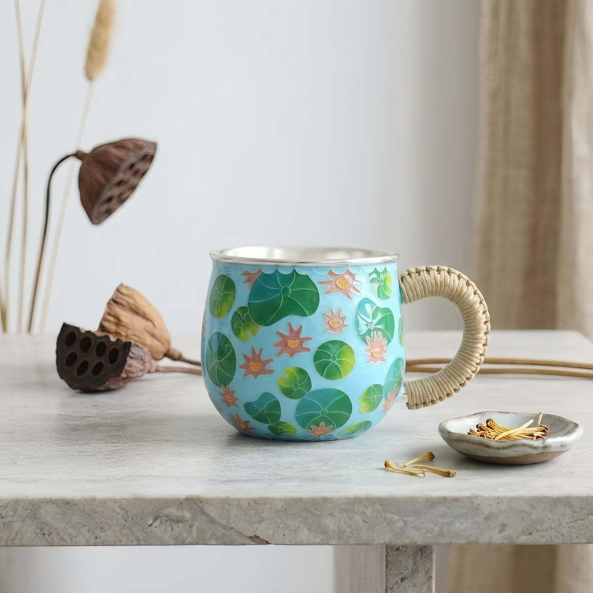 925 Sterling Silver Hand-Painted Light Blue Lily Pad Mug with Woven Wicker Handle - Handicraft