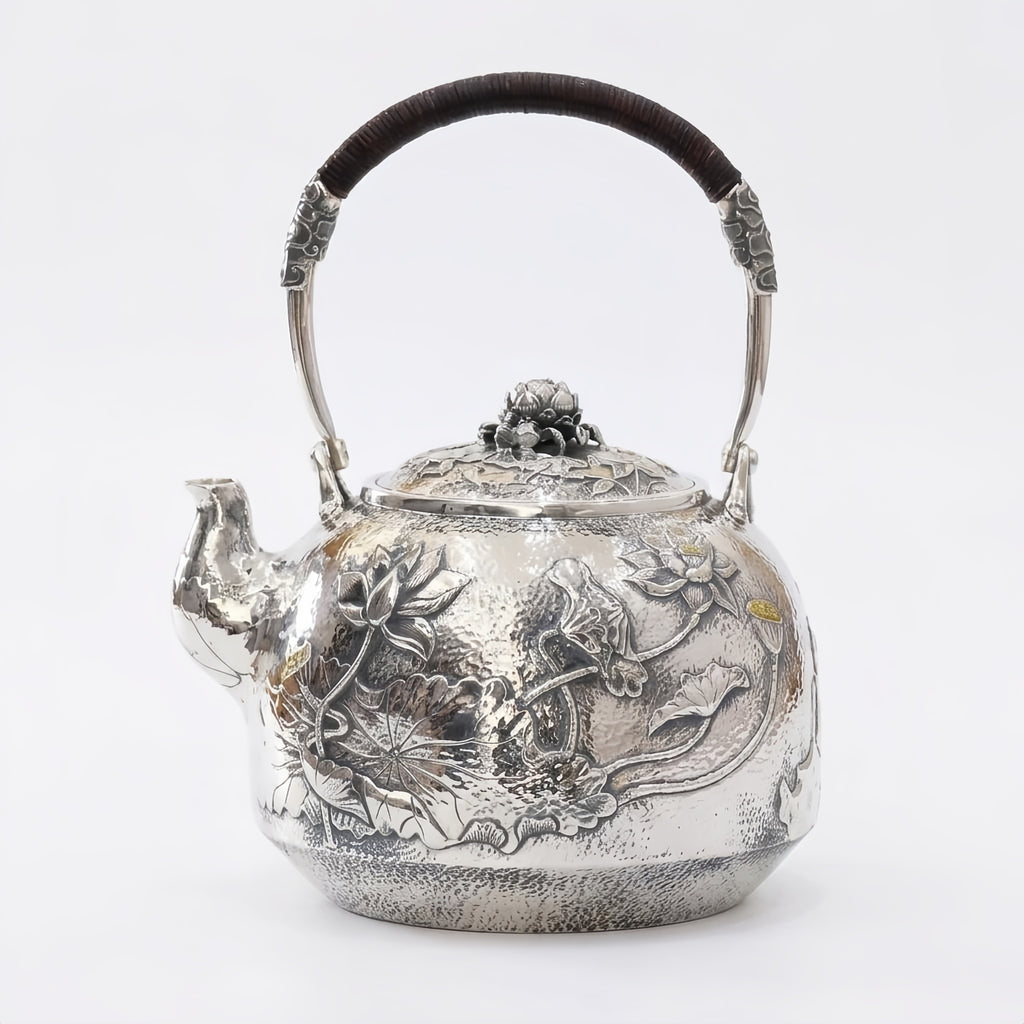 925 Sterling Silver Artisanal Silver Teapot Featuring Intricate Lotus Pond Engravings and Hammered Texture - Handicraft