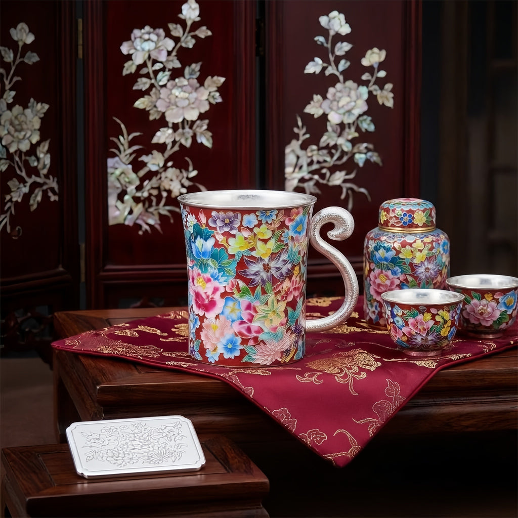 925 Sterling Silver Handcrafted Vibrant Multi-Color Floral Cloisonné Enamel Mug with Silver Handle - Handicraft