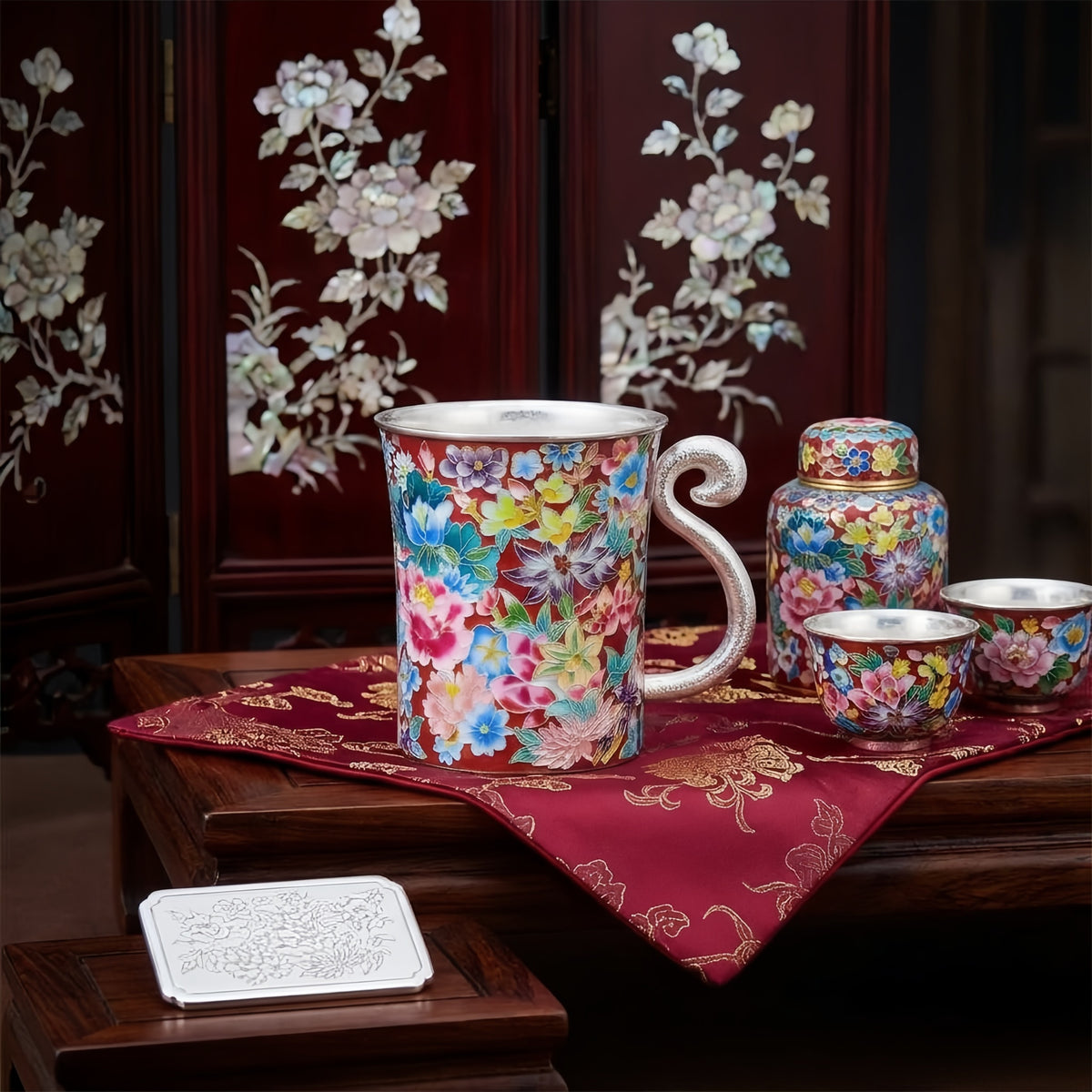925 Sterling Silver Handcrafted Vibrant Multi-Color Floral Cloisonné Enamel Mug with Silver Handle - Handicraft