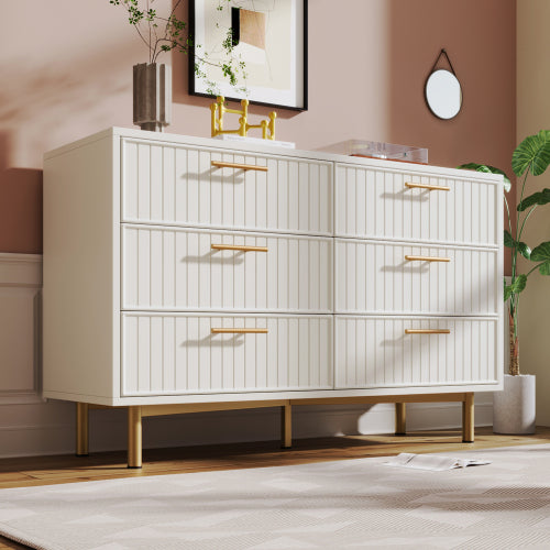 Sideboard Cabinet For Living Room, Chest Of Drawers With 6 Drawers, White, 40D X 120W X 75H CM