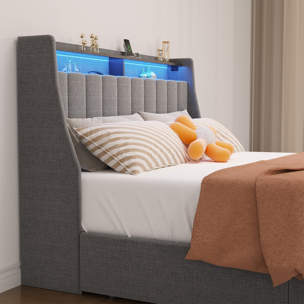 Queen Size Bed Frame With LED, Storage Drawers, Wings Headboard - Light Gray