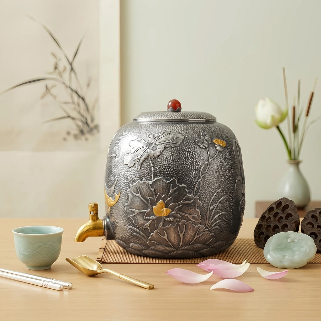 925 Sterling Silver Elegant Handcrafted Silver Water Jar with Intricate Lotus Relief and Gilded Accents - Handicraft