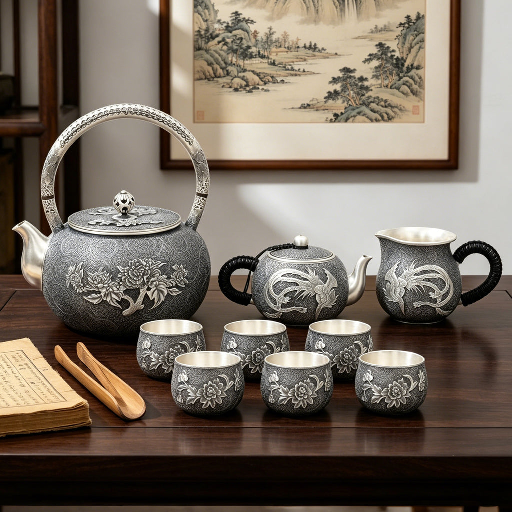 925 Sterling Silver Antique  Tea Set with Handcrafted Asian Artistry and Intricate Floral Phoenix Designs - Handicraft
