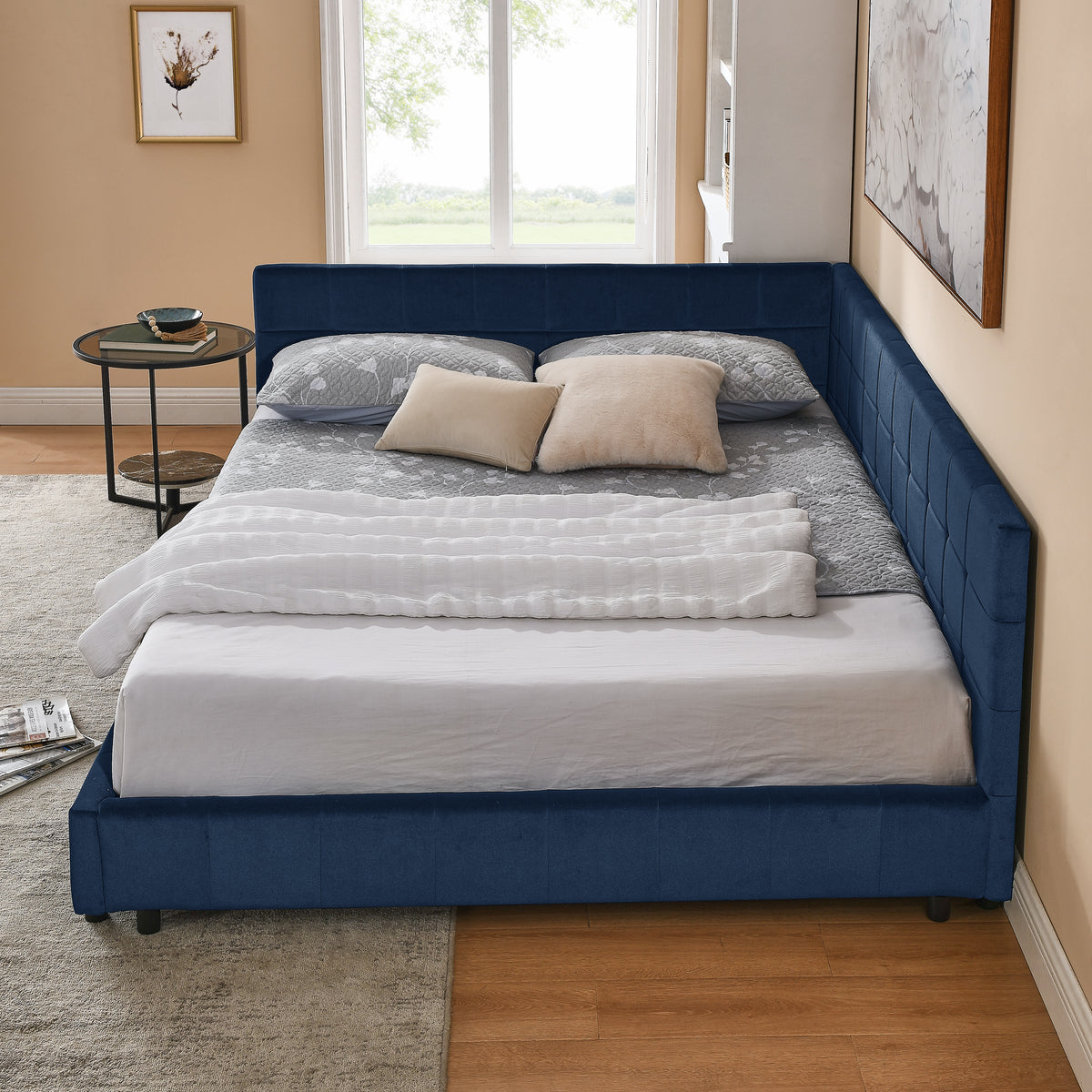 Queen Size Upholstered Tufted Bed Frame, Sofa Bed Frame With Comfortable Backrest And Armrests, Queen Size Bed For Bedroom, Living Room,Velvet, DARK BLUE 85.5x64.5x30.5