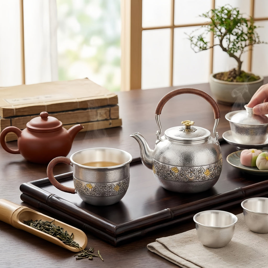 925 Sterling Silver Artisanal Hammered Silver Cup with Floral Engravings and Copper-Wrapped Handle - Handicraft
