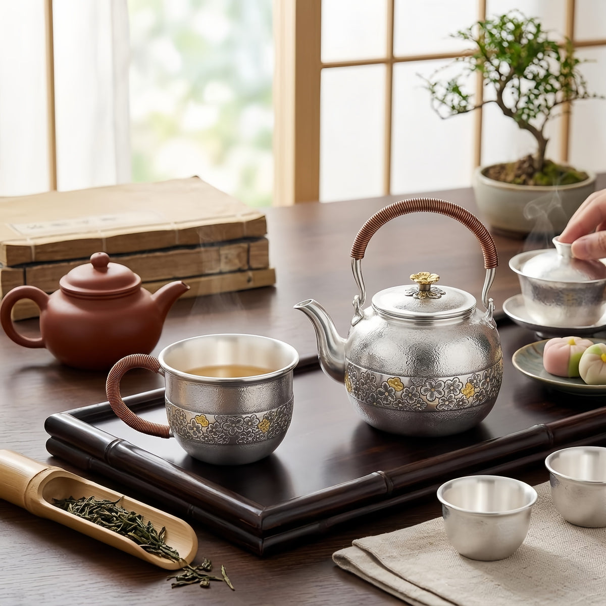 925 Sterling Silver Artisanal Hammered Silver Cup with Floral Engravings and Copper-Wrapped Handle - Handicraft