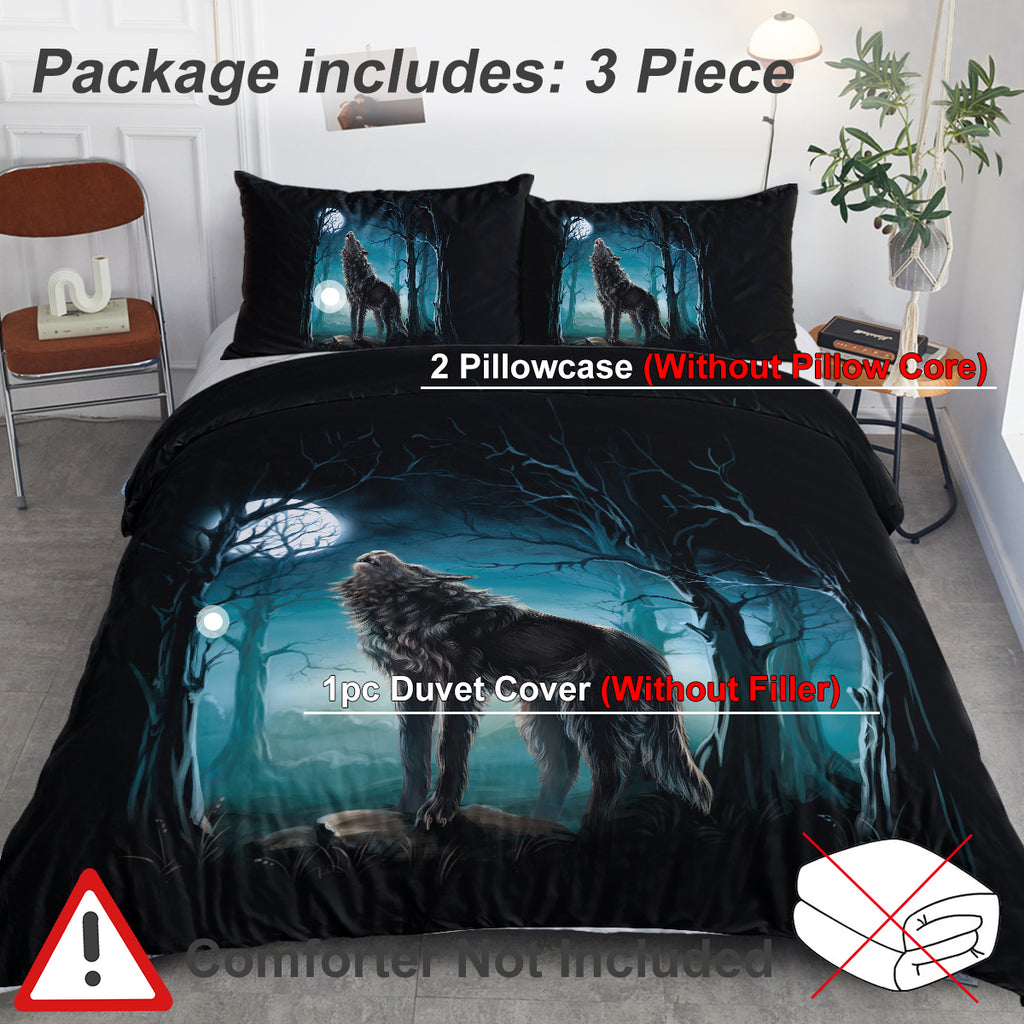 Moon Wolf Bedding Green Watercolor Forest Wolf Landscape Duvet Cover Sets 3 Pieces Wild Animal Bedding Set Twin Full Queen King Size