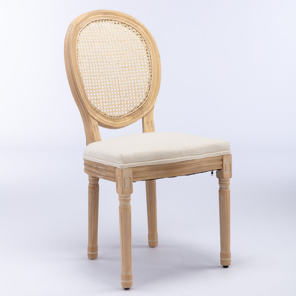 A&A French Style Solid Wood Antique Linen & Rattan Back Dining Chair