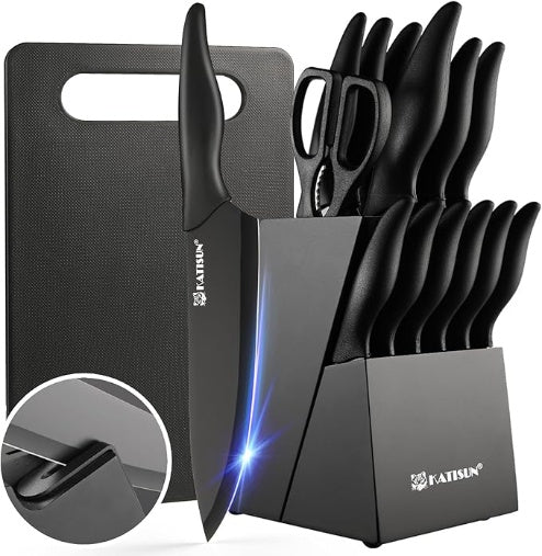 16 Pieces Kitchen Knife Block Set With Cutting Board, German Stainless Steel Knife Set With Sharpener, Dishwasher Safe, Anti-Slip Handle, 6 Steak Knives, Black