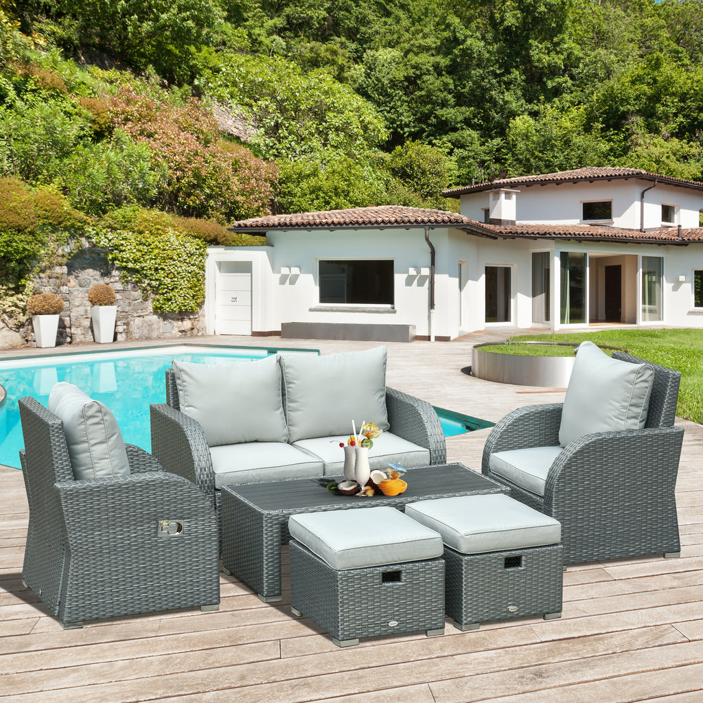 6-PCs Patio Furniture Sets Outdoor Wicker Sofa Set Rattan Angle Adjustable Recline Single Chair Conversation Set, Ottomans, w/ Polyester Tea Table Gas Spring  & Soft Washable Cushions, Grey