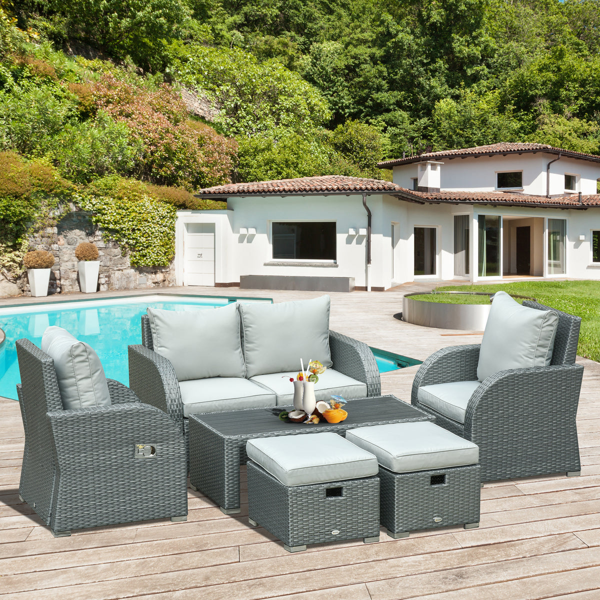 6-PCs Patio Furniture Sets Outdoor Wicker Sofa Set Rattan Angle Adjustable Recline Single Chair Conversation Set, Ottomans, w/ Polyester Tea Table Gas Spring  & Soft Washable Cushions, Grey