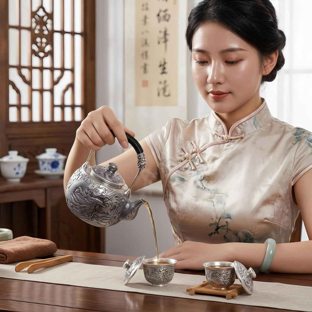 Pure 999 Fine Silver Handcrafted Silver Dragon Teapot with Intricate Relief Carvings and Woven Handle - Handicraft