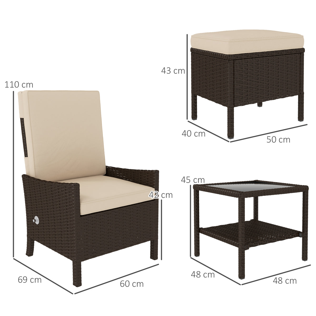 5 Piece Rattan Garden Furniture Set, Wicker Patio Sofa Set With 2 Armchairs, 2 Footstools, Glass Top Coffee Table With Shelf, Outdoor Furniture With Adjustable Backrests, Cushions, Khaki