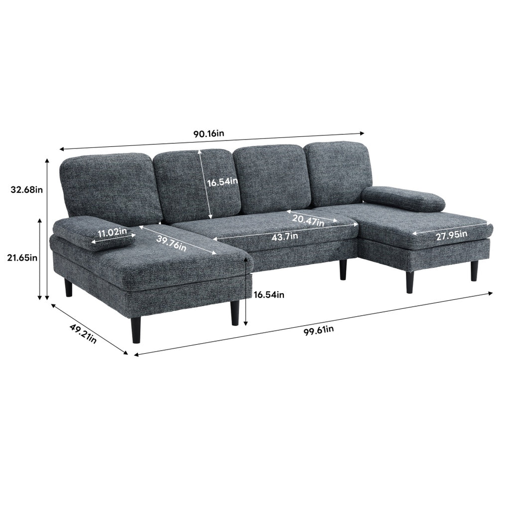 U-shaped Combination Sofa, Double Lounge Chair, Chenille Fabric 4-seat Living Room Furniture