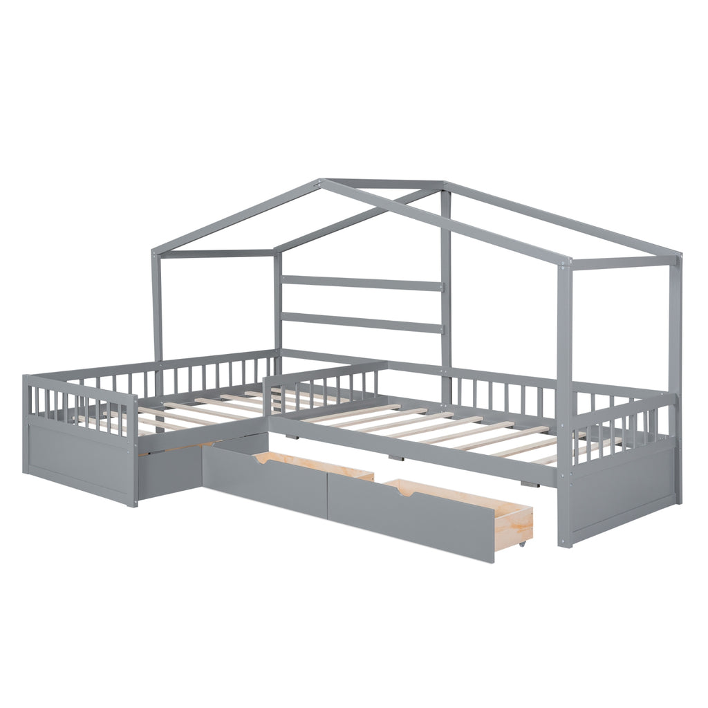 Twin Size House Platform Bed With Three Storage Drawers,Gray