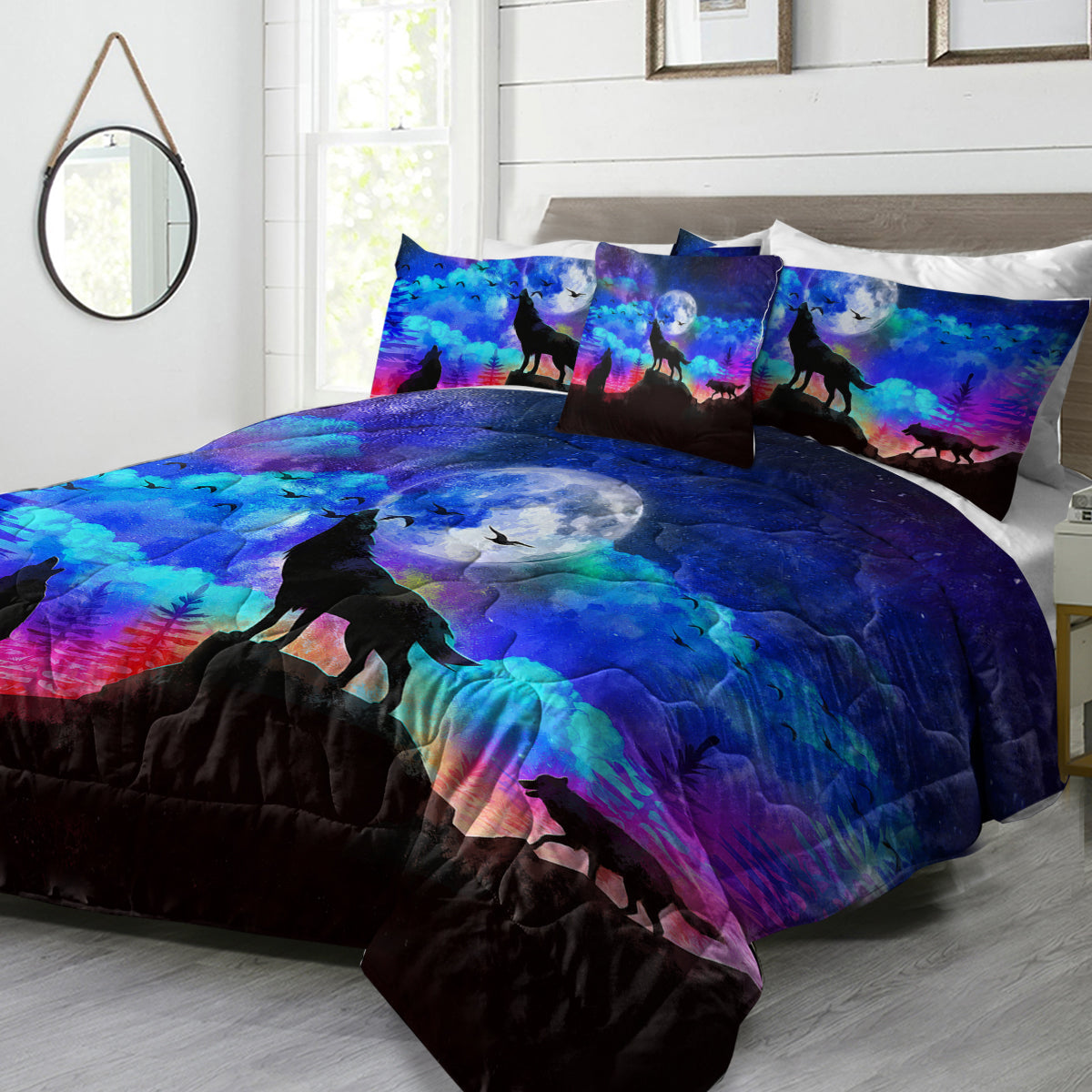 Galaxy Comforter Set Men 3D Wolf Bed Comforter Set 4 Piece Wolves Howling Bedding For Boys Retro Oil Painting Design Purple Blue And Black Bedding Set Queen King Size