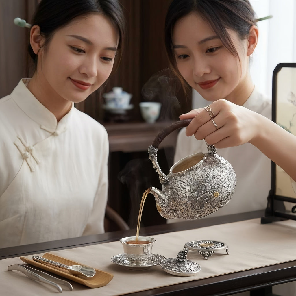925 Sterling Silver **Antique Chinese  Teapot with Cloud Motifs and Wooden Handle**-Fine large teapot - Handicraft