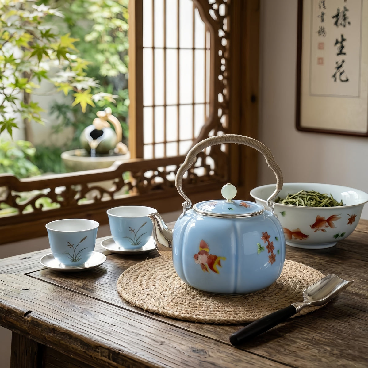925 Sterling Silver Elegant Light Blue Ribbed Teapot with Painted Fish and Floral Accents - Handicraft
