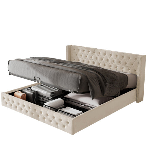 Upholstered Bed, With Hydraulic Lever, Functional Bed From Storage, 150 X 200 Cm, Without Mattress, Velvet, Beige