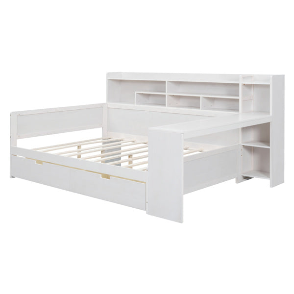 Wooden Full-size Sofa Bed With Storage Rack, Multifunctional Bed With Two Storage Drawers And Desk, Antique White