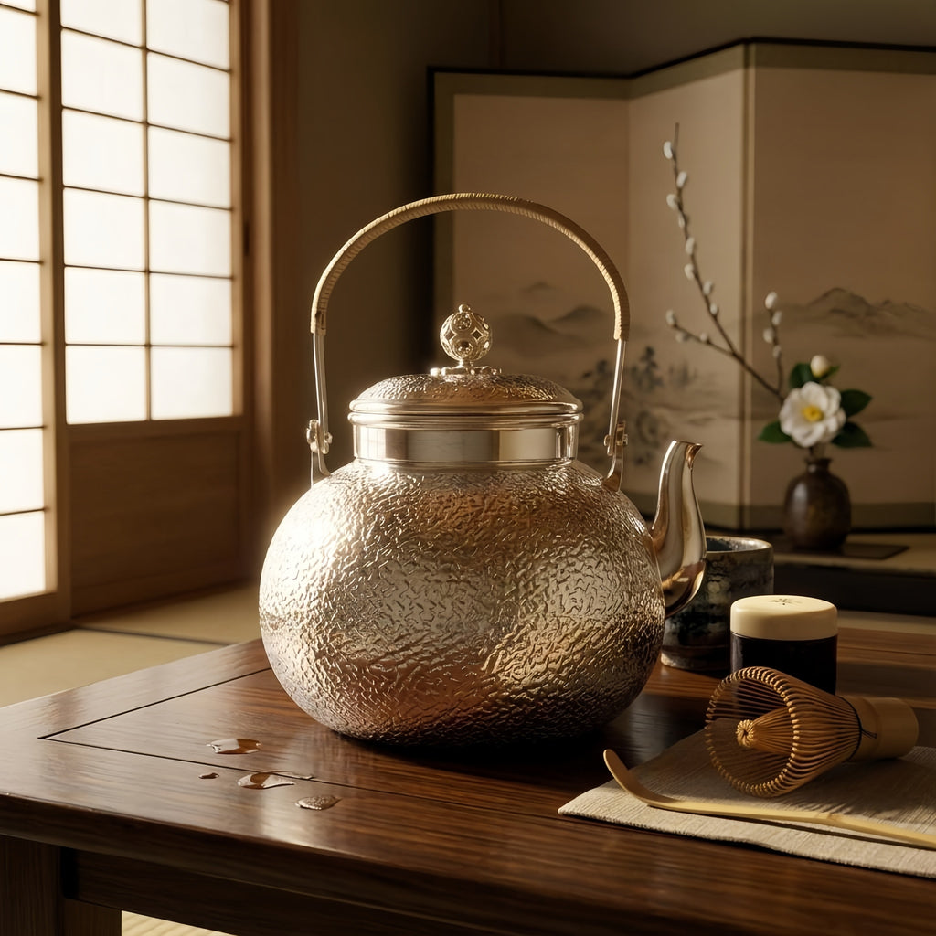Pure 999 Fine Silver Handcrafted Hammered Silver Teapot with Rattan-Wrapped Handle and Filigree Finial - Handicraft