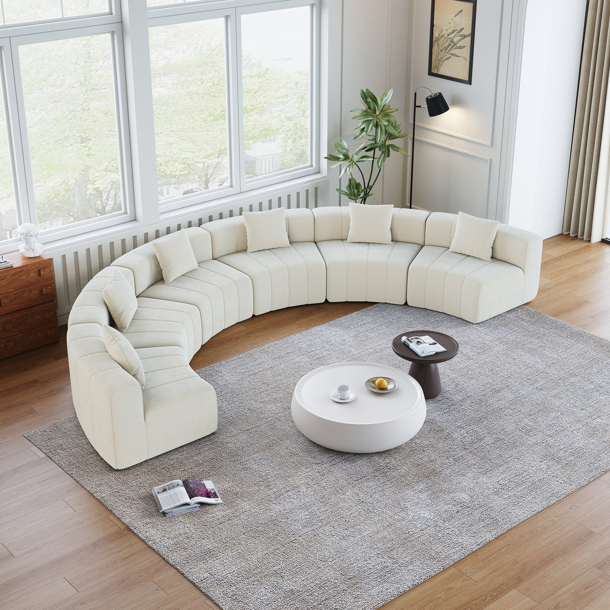 Chenille Curved Sectional Sofa With 6 Pillows,Curved Symmetrical Modular Semi Circular Sofa Sectional For Bedroom, Living Room, Office For Leisure Or Nap, Reading Room, And Lobby