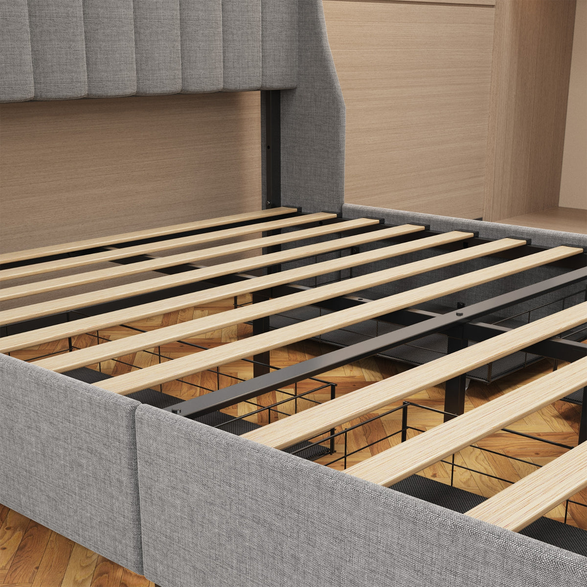 Queen Size Bed Frame With LED, Storage Drawers, Wings Headboard - Light Gray