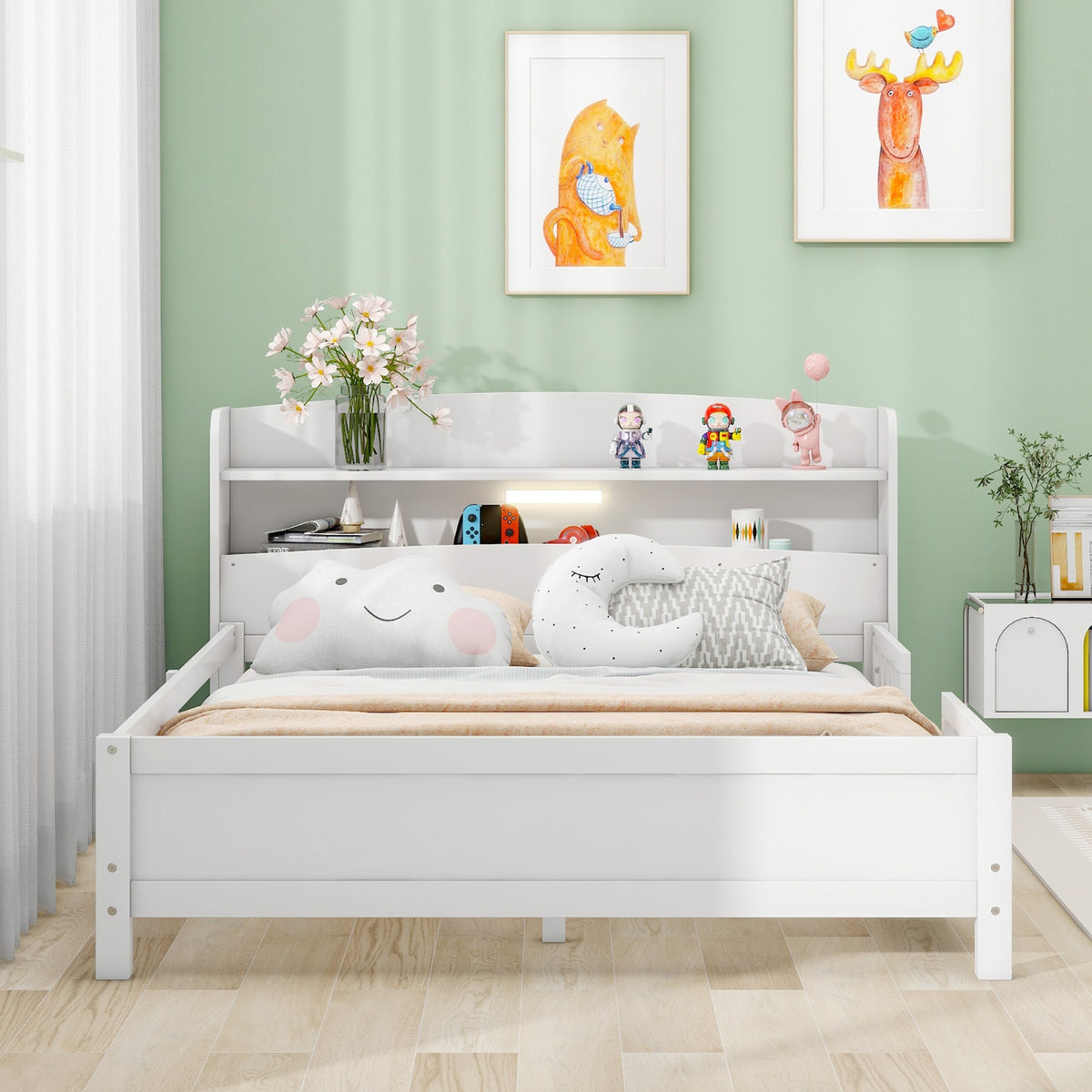 Wood Full Size Platform Bed With LED, Storage Headboard & Guardrail, White