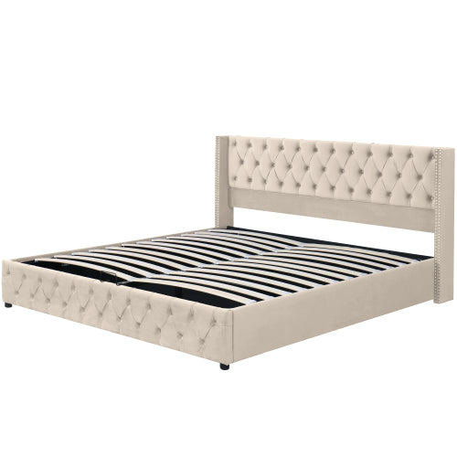 Upholstered Bed, With Hydraulic Lever, Functional Bed From Storage, 150 X 200 Cm, Without Mattress, Velvet, Beige