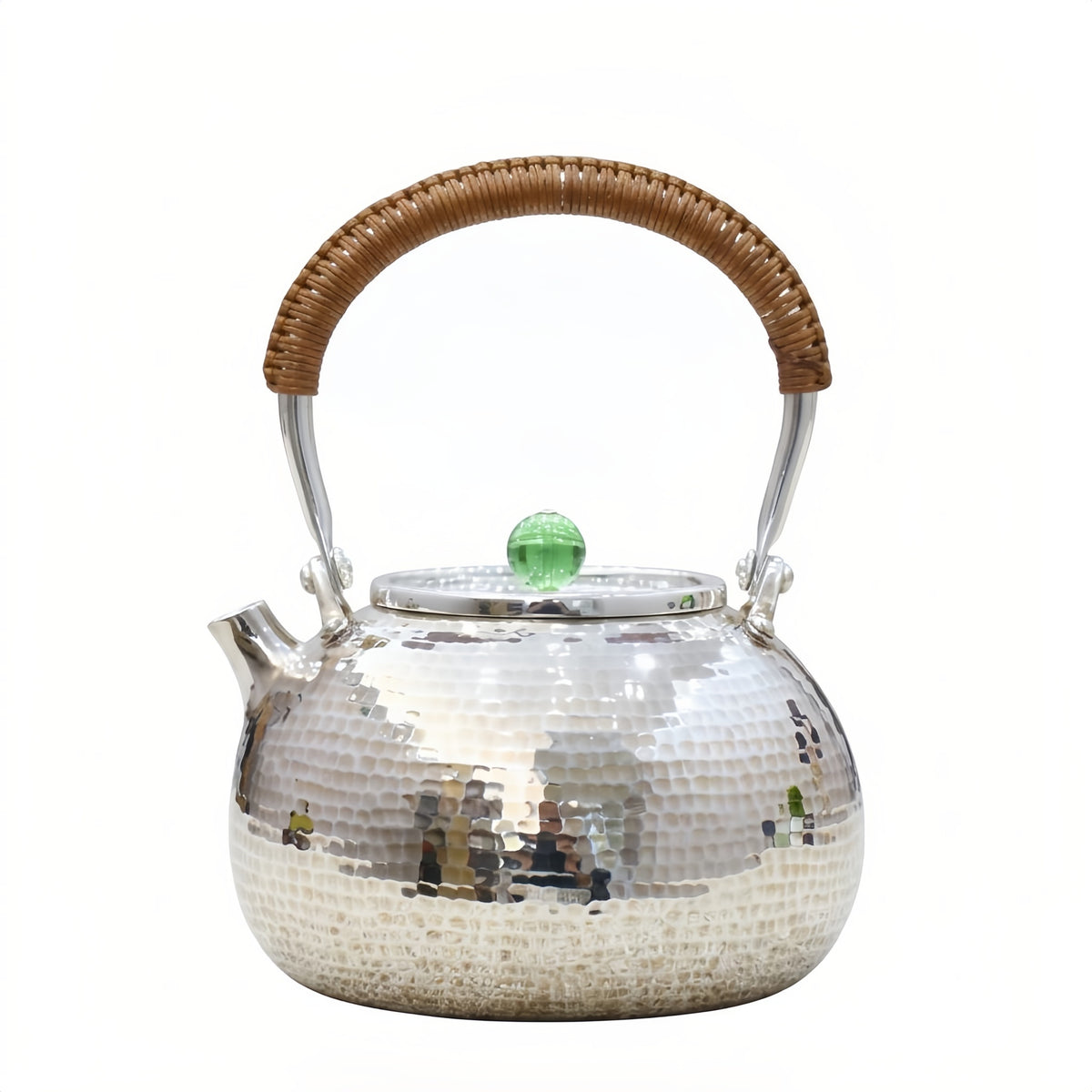 925 Sterling Silver Hand-Hammered Silver Teapot Featuring Woven Rattan Handle and Translucent Green Finial - Handicraft