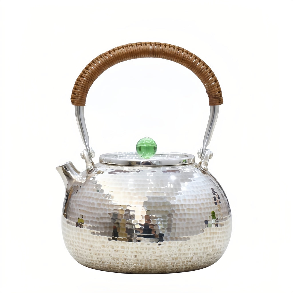 925 Sterling Silver Hand-Hammered Silver Teapot Featuring Woven Rattan Handle and Translucent Green Finial - Handicraft