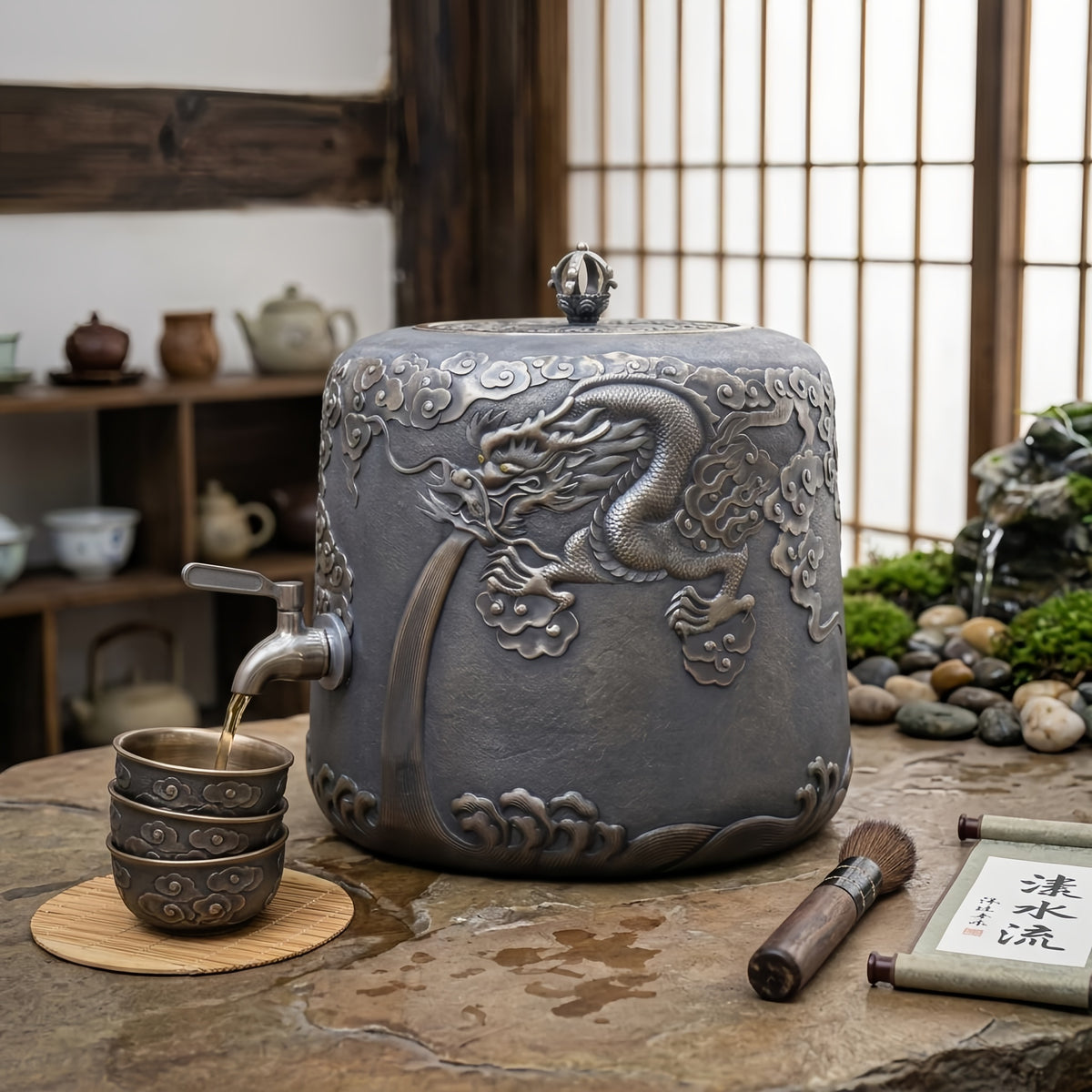 Pure 999 Fine Silver Elegant Silver Dragon Water Dispenser with Embossed Clouds and Waves - Handicraft
