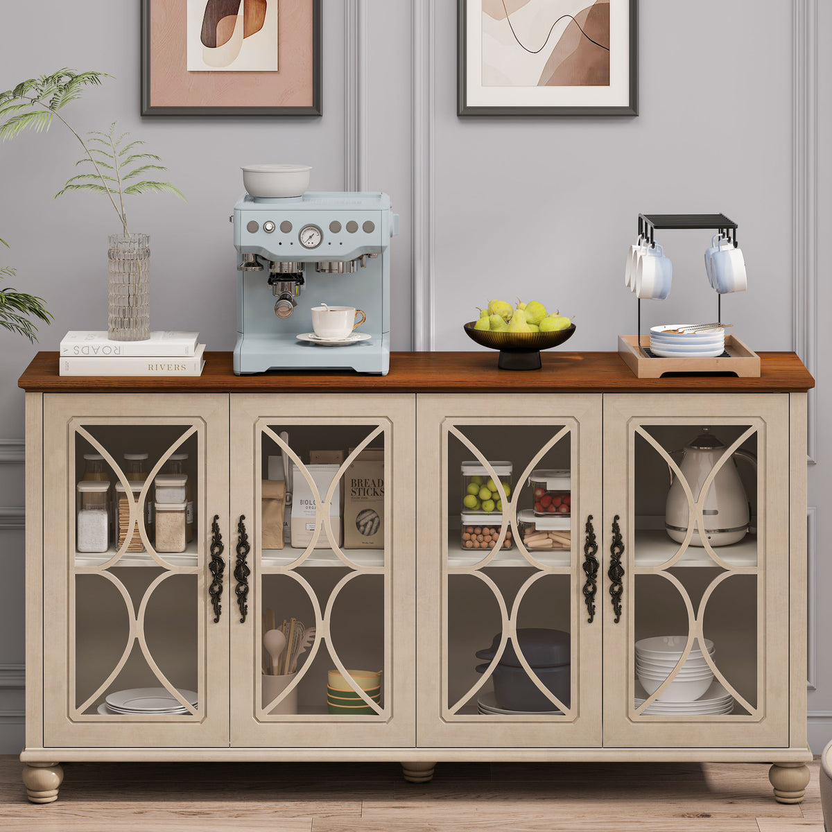 Elegant European Antique Style 4-Door Cabinet With Tempered Glass Doors,for Dining Room,Living Room,Hallway,Easy Assembly,Beige
