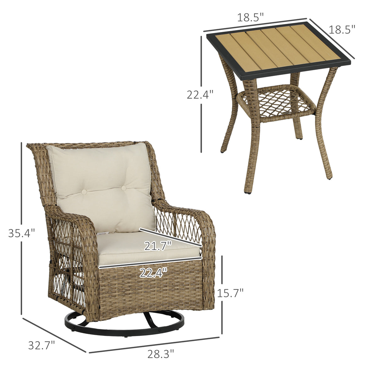 3 Piece Outdoor Bistro Set, Wicker Small Patio Furniture Set With Swivel Glider Chairs For Balcony, Porch, Beige