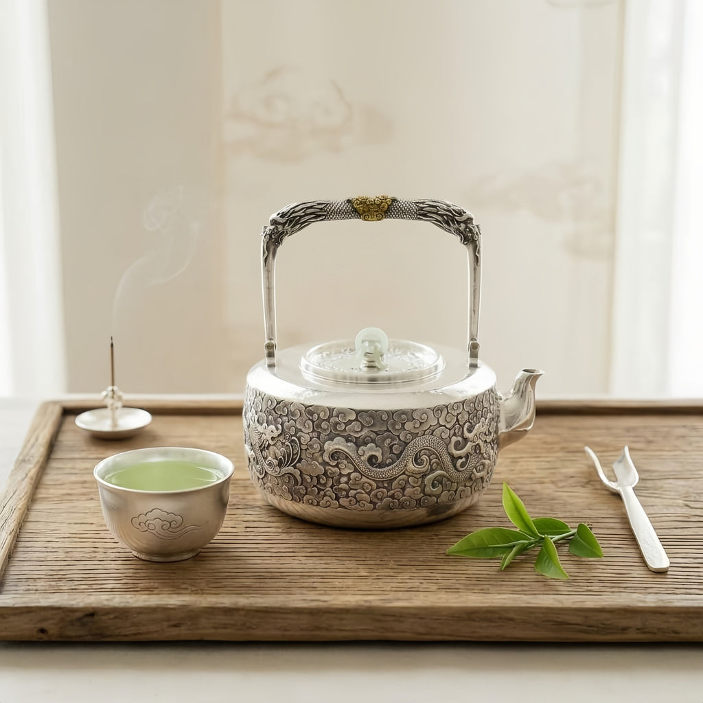 Pure 999 Fine Silver Exquisite Silver Teapot Featuring Intricate Dragon and Cloud Repoussé with Jade Ring Accent - Handicraft