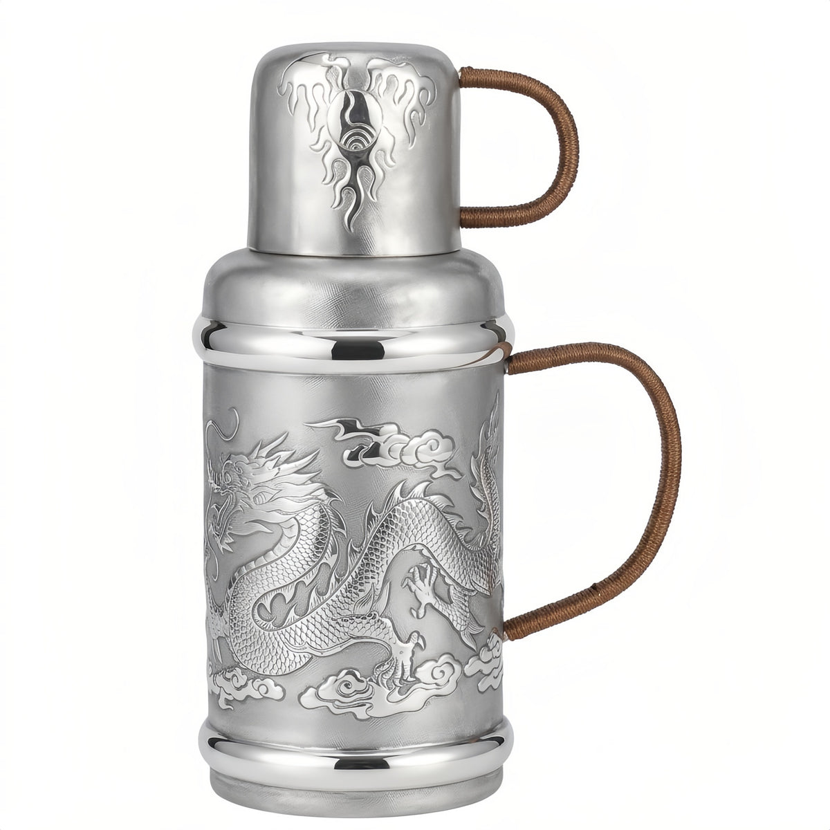Pure 999 Fine Silver Ornate Silver Dragon Embossed Thermos Flask with Braided Cord Handles - Handicraft
