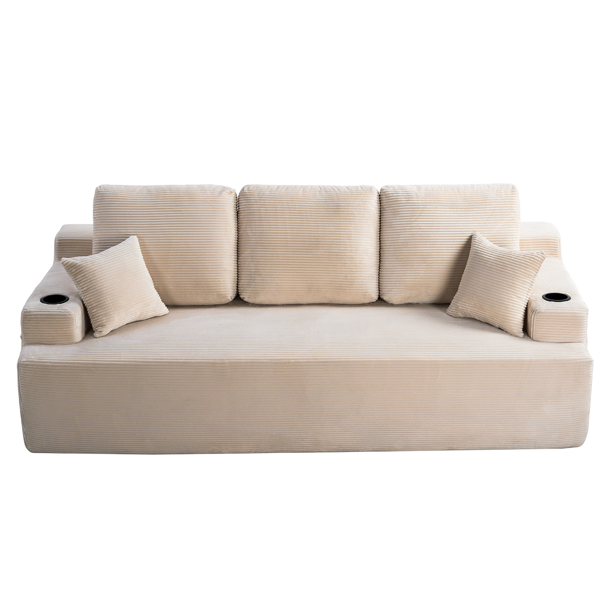 87 In 3-Seater Sofa For Living Room, Comfy Couches With Deep Seat, Plush Corduroy Fabric  With Cup Holders And Side Storage Pockets For Apartment Lounge