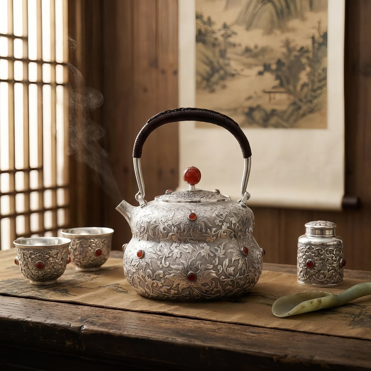 925 Sterling Silver Elegant  Teapot with Intricate Floral Engraving and Red Gem Accents - Handicraft