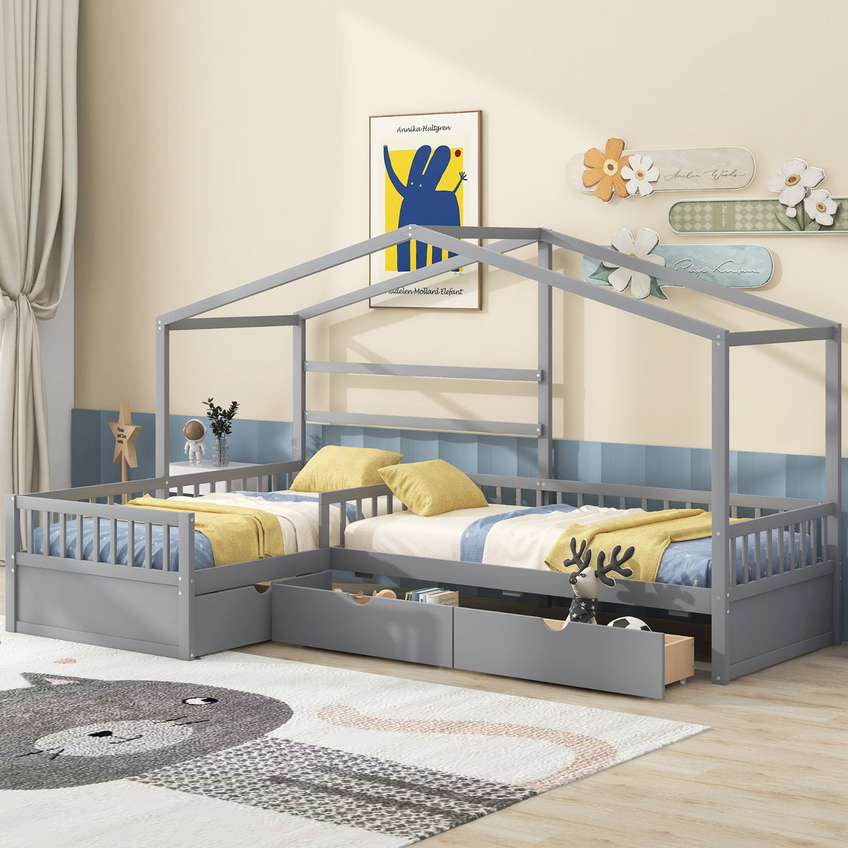 Twin Size House Platform Bed With Three Storage Drawers,Gray