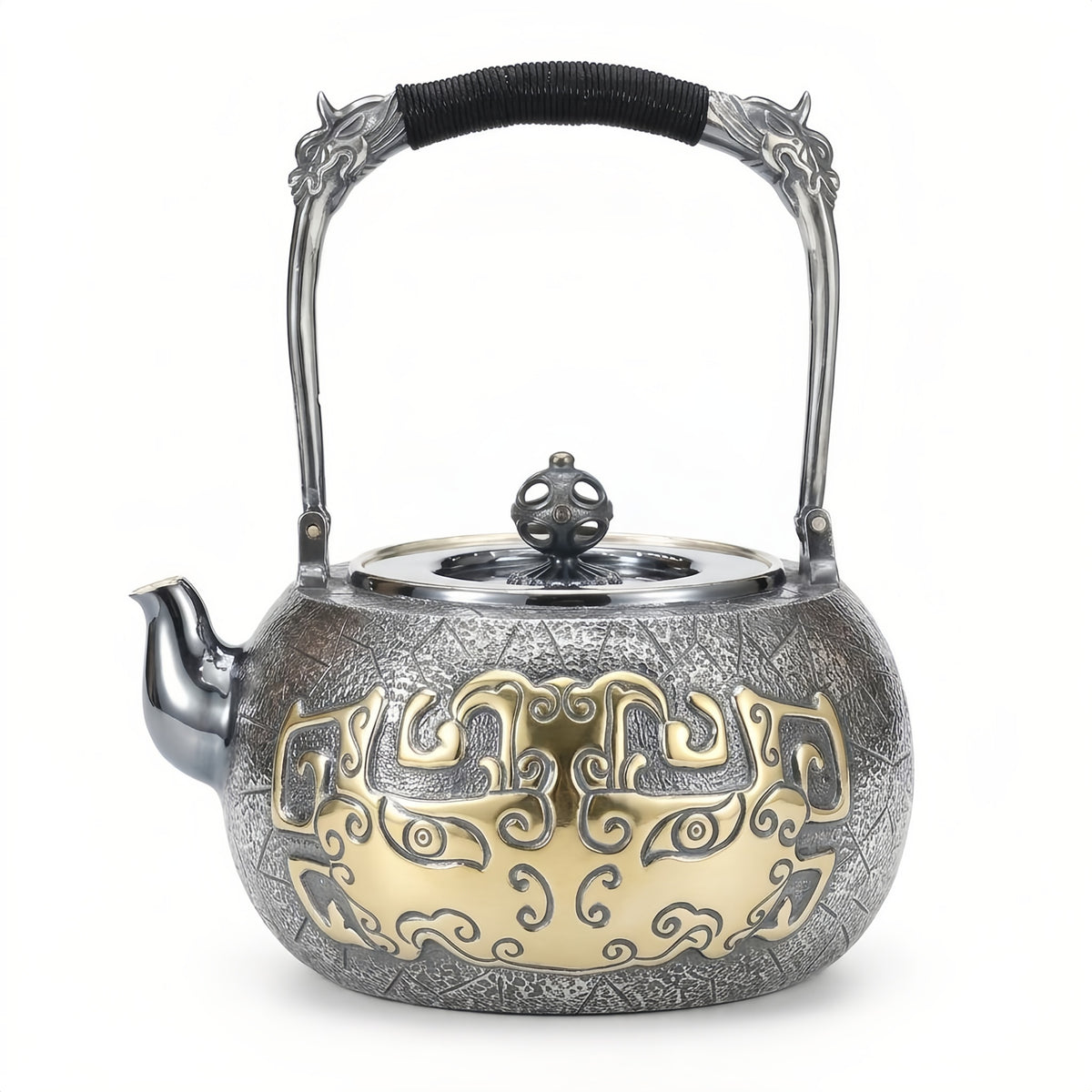 Pure 999 Fine Silver Exquisite Handcrafted Silver Teapot Featuring Metallic Mythical Mask and Dragon Motif Handle - Handicraft