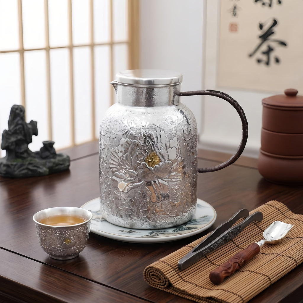 925 Sterling Silver Handcrafted Silver Pitcher Featuring Exquisite Peony Relief and Woven Handle - Handicraft