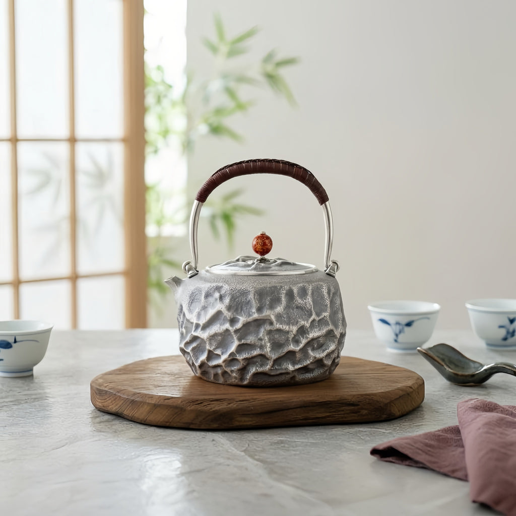 925 Sterling Silver Artistic Gray Teapot with Cracked Earth Texture and Contrasting Metallic Handle-Fine large teapot - Handicraft